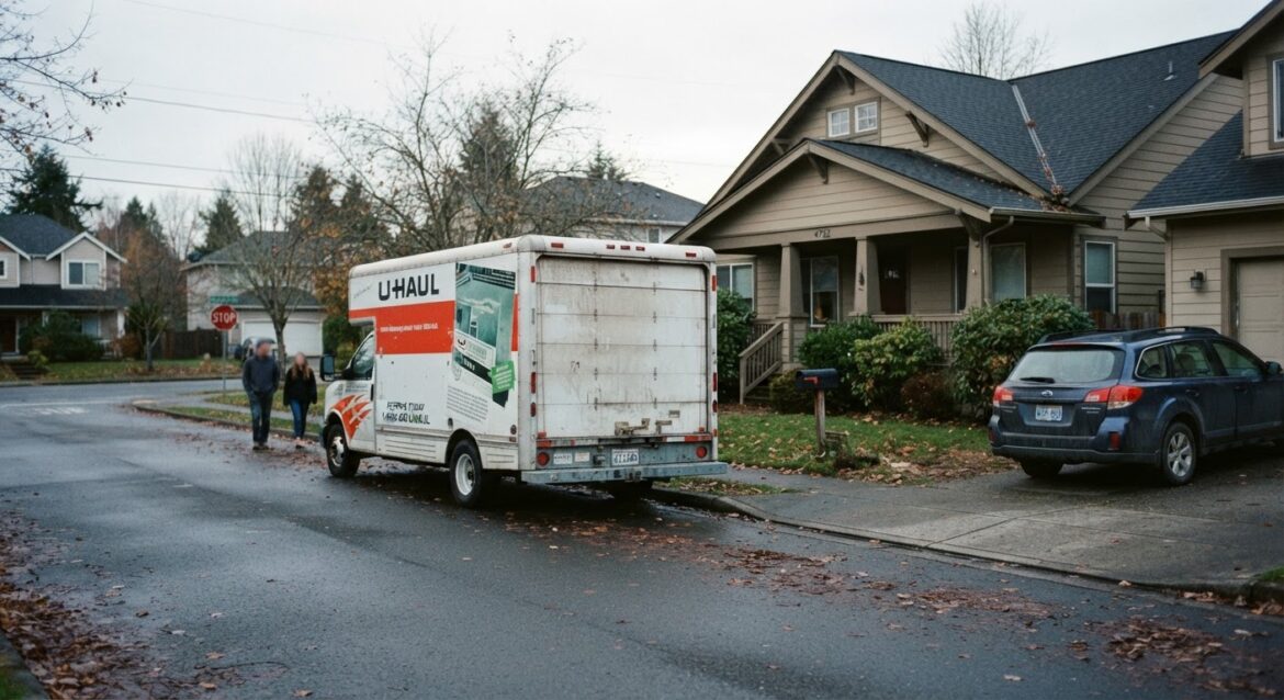 a moving truck parked outside a house next to a car in the driveway