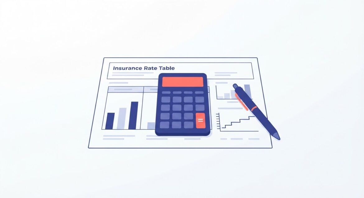 a calculator sitting on top of an insurance rate table with a pen